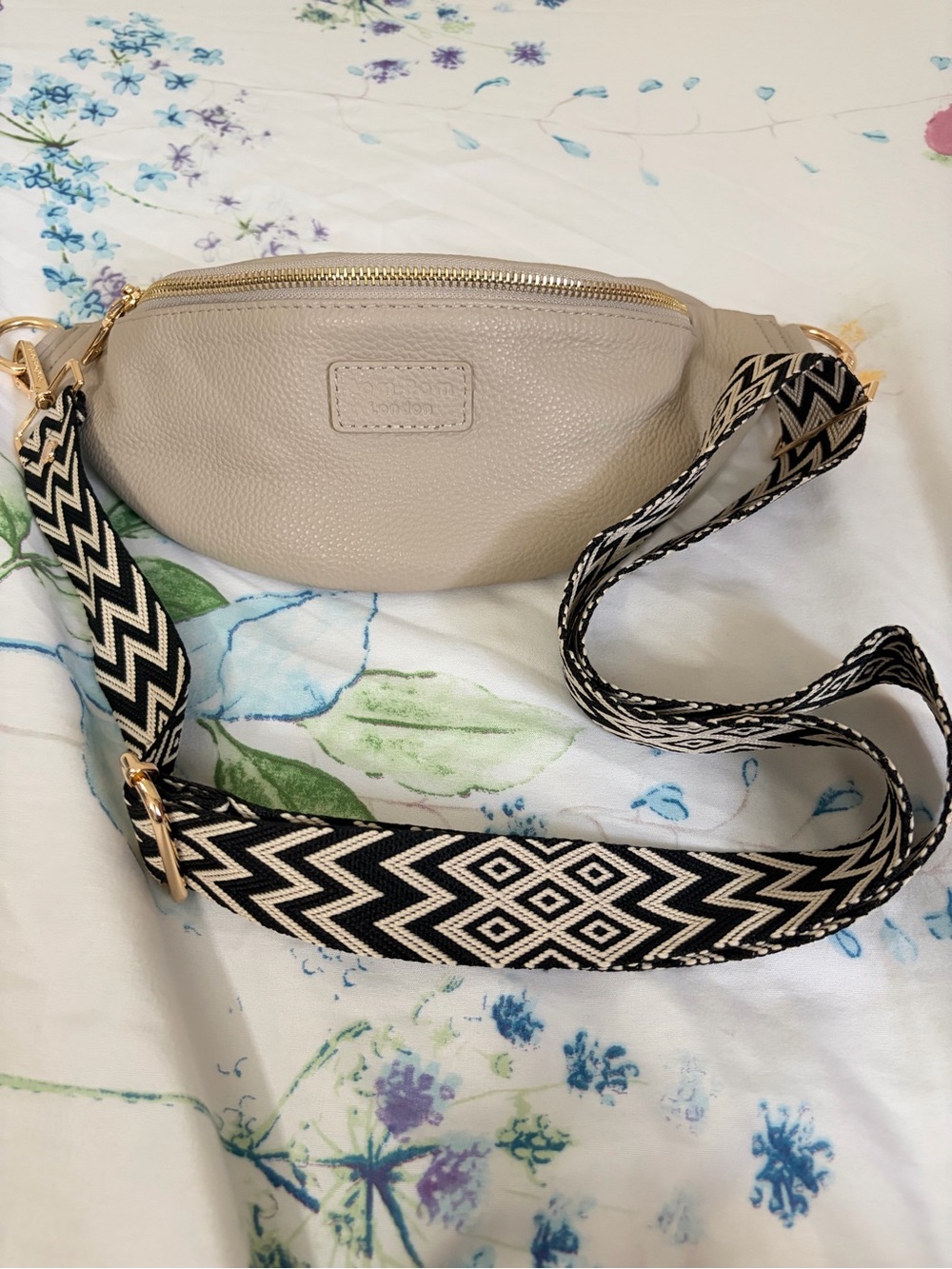 Taupe Leather Crossbody Belt Bag with Patterned Strap